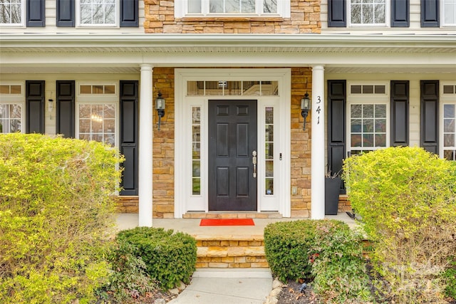 entrance to property featuring stone siding