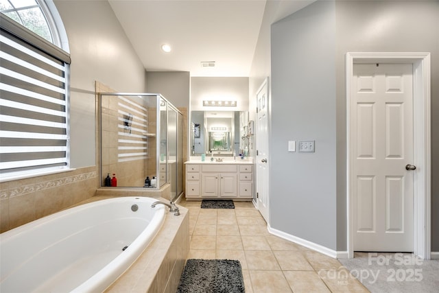 bathroom featuring visible vents, tile patterned floors, vanity, a shower stall, and a bath