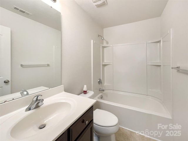 full bathroom with toilet, vanity, visible vents, and shower / bathing tub combination