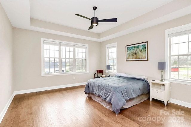 bedroom featuring multiple windows, a raised ceiling, and wood finished floors