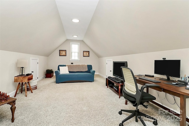 office featuring vaulted ceiling, baseboards, and carpet floors