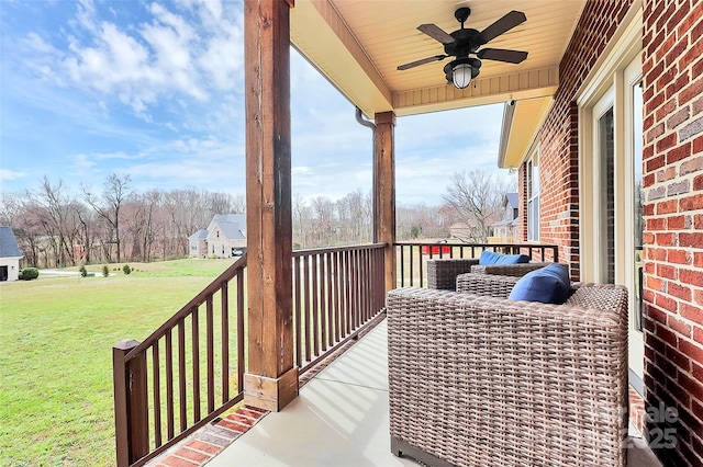 balcony with a ceiling fan