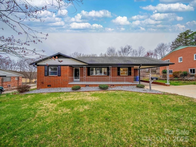 ranch-style home featuring concrete driveway, an attached carport, crawl space, covered porch, and brick siding