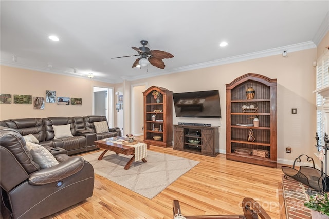 5101 Belicourt Dr, Charlotte, NC 28277 - living room with baseboards, ceiling fan, wood finished floors, crown molding, and recessed lighting