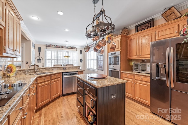 5101 Belicourt Dr, Charlotte, NC 28277 - kitchen with light stone counters, a toaster, a sink, ornamental molding, and appliances with stainless steel finishes