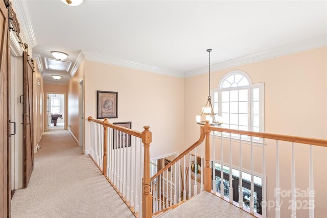 5101 Belicourt Dr, Charlotte, NC 28277 - corridor with light carpet, attic access, visible vents, crown molding, and an upstairs landing