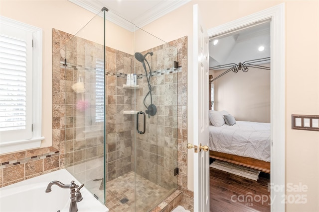 5101 Belicourt Dr, Charlotte, NC 28277 - ensuite bathroom featuring ensuite bath, a shower stall, a garden tub, and crown molding