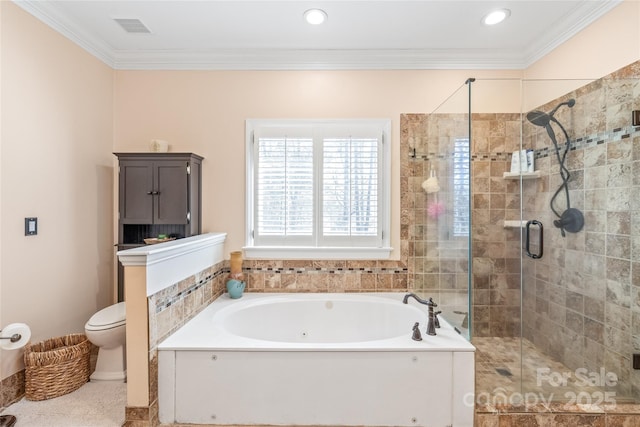 5101 Belicourt Dr, Charlotte, NC 28277 - bathroom with a bath, a shower stall, visible vents, and crown molding
