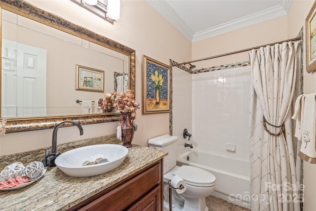 5101 Belicourt Dr, Charlotte, NC 28277 - bathroom with toilet, ornamental molding, shower / bath combo with shower curtain, and vanity