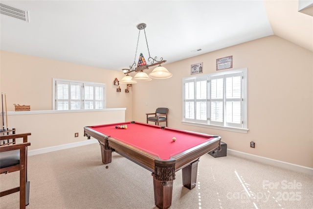 5101 Belicourt Dr, Charlotte, NC 28277 - recreation room with carpet floors, pool table, visible vents, vaulted ceiling, and baseboards