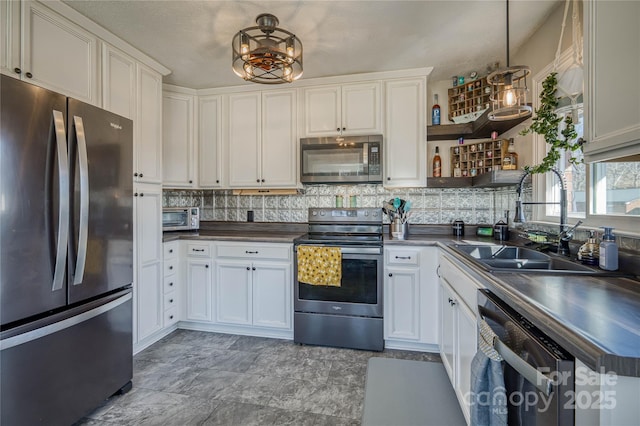 kitchen with stainless steel appliances, tasteful backsplash, dark countertops, and open shelves