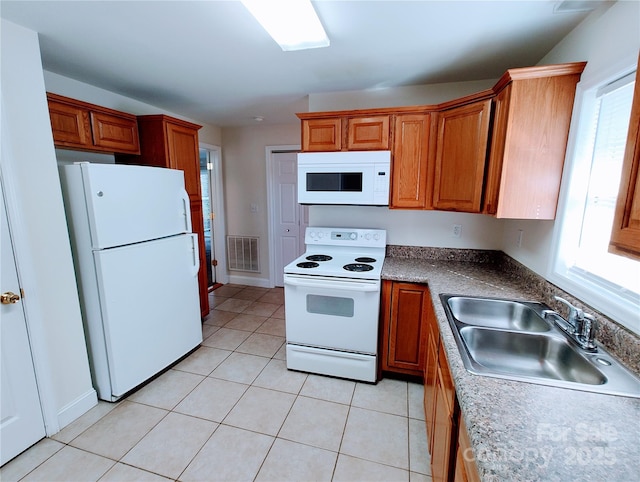 1806 Bringle Ferry Rd, Salisbury, NC 28146 - kitchen with light tile patterned floors, white appliances, a sink, visible vents, and brown cabinetry