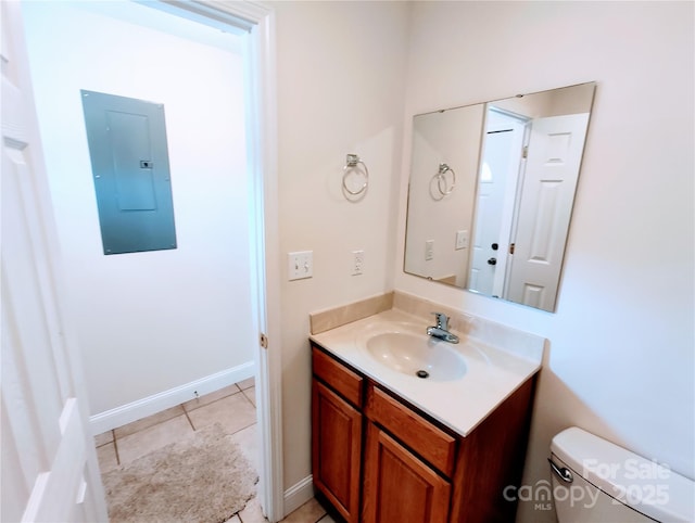1806 Bringle Ferry Rd, Salisbury, NC 28146 - half bathroom with toilet, vanity, baseboards, electric panel, and tile patterned floors