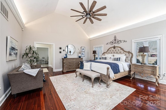 bedroom featuring ceiling fan, high vaulted ceiling, wood finished floors, visible vents, and baseboards