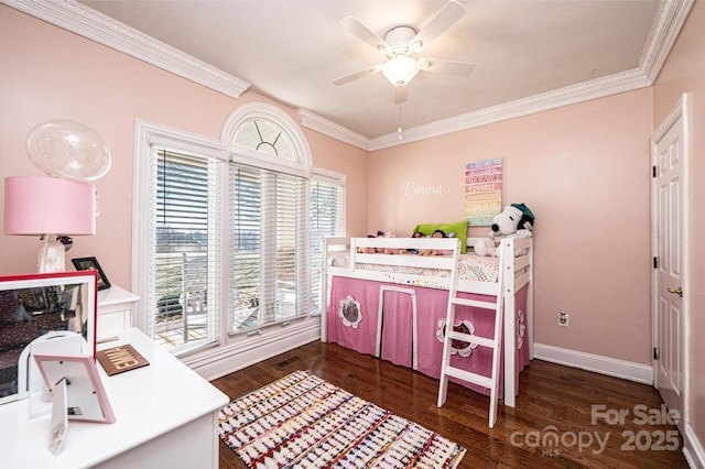 bedroom with ceiling fan, ornamental molding, wood finished floors, and baseboards