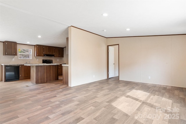 kitchen with open floor plan, light wood finished floors, ornamental molding, and dishwasher