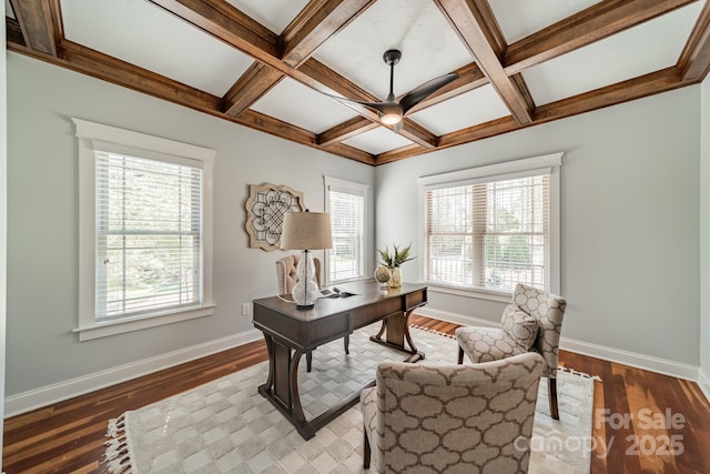 office space with wood finished floors, baseboards, coffered ceiling, and ceiling fan