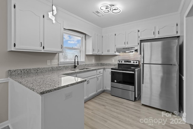 kitchen featuring crown molding, appliances with stainless steel finishes, white cabinetry, a sink, and under cabinet range hood