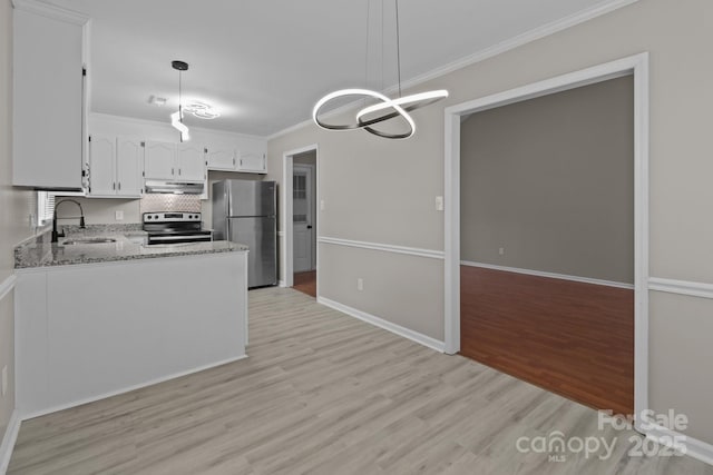 kitchen featuring under cabinet range hood, a sink, white cabinets, appliances with stainless steel finishes, and pendant lighting