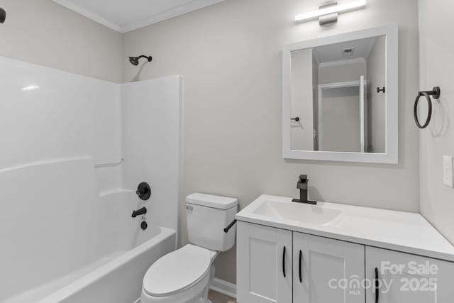 full bath with shower / tub combination, toilet, visible vents, vanity, and ornamental molding