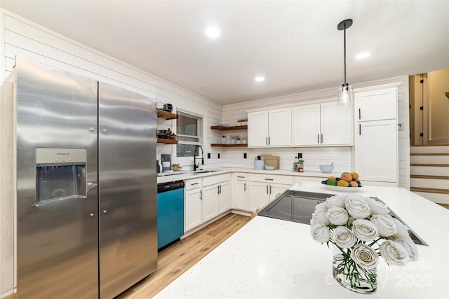 kitchen featuring stainless steel refrigerator with ice dispenser, open shelves, white cabinets, a sink, and dishwasher