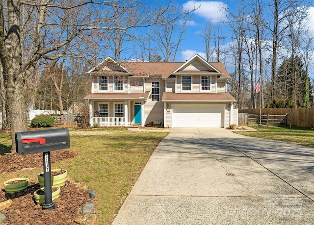 view of front facade with concrete driveway, covered porch, an attached garage, fence, and a front lawn