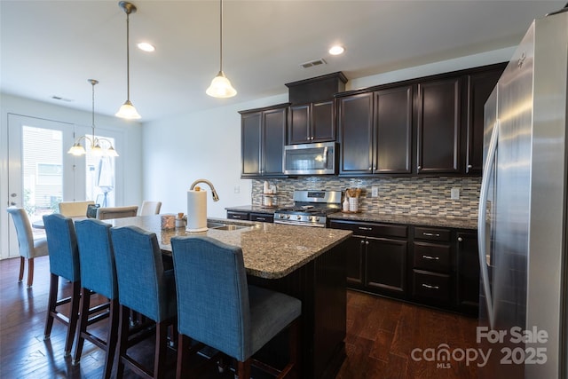 kitchen with stainless steel appliances, hanging light fixtures, a sink, an island with sink, and a kitchen bar