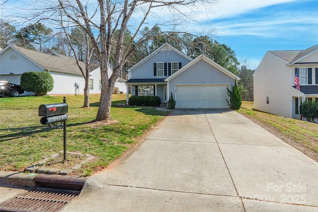 traditional home with concrete driveway, an attached garage, and a front lawn