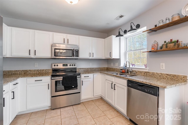 kitchen featuring appliances with stainless steel finishes, visible vents, a sink, and white cabinetry