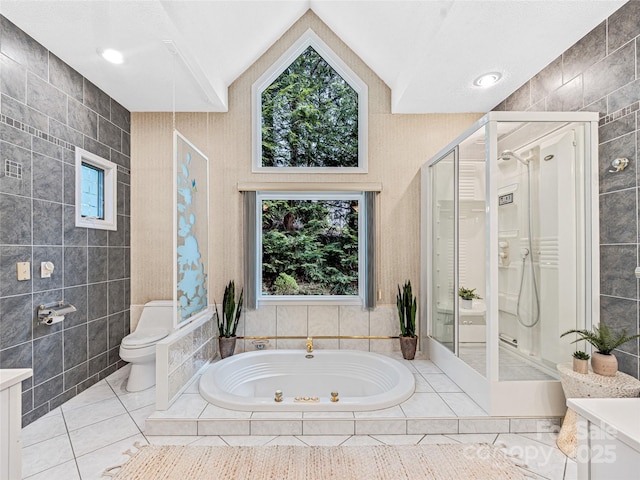 full bathroom with toilet, a shower stall, a whirlpool tub, and tile patterned floors