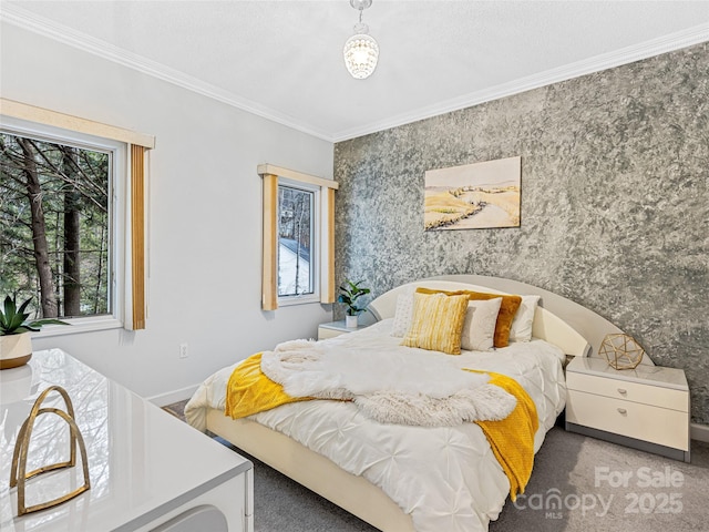 bedroom featuring ornamental molding, carpet flooring, and wallpapered walls