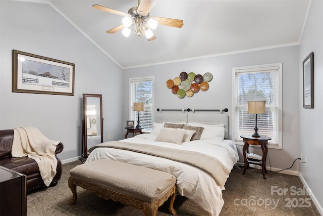 bedroom with vaulted ceiling, carpet, baseboards, and crown molding