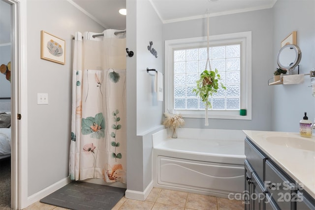 full bathroom featuring tile patterned flooring, a garden tub, vanity, baseboards, and ornamental molding