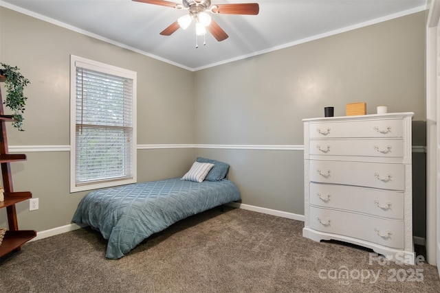 bedroom featuring ornamental molding, carpet flooring, baseboards, and a ceiling fan