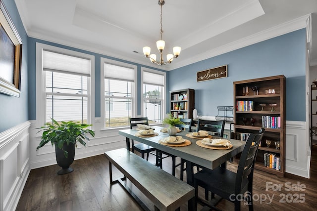 dining area with a raised ceiling, wainscoting, dark wood finished floors, and a decorative wall