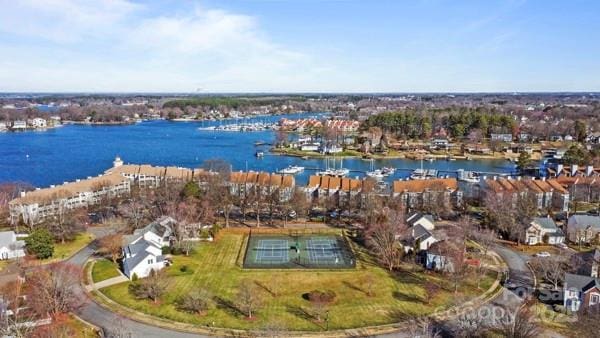 aerial view featuring a residential view and a water view