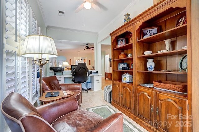 office with ceiling fan, ornamental molding, light tile patterned floors, and visible vents