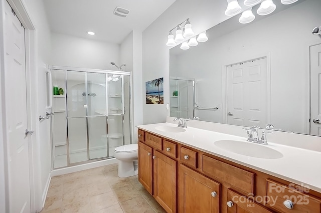 full bath featuring a stall shower, visible vents, a sink, and double vanity