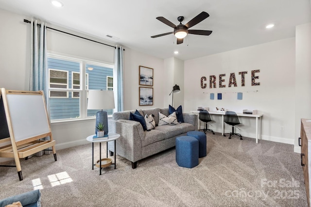 living room featuring visible vents, baseboards, recessed lighting, carpet, and a ceiling fan