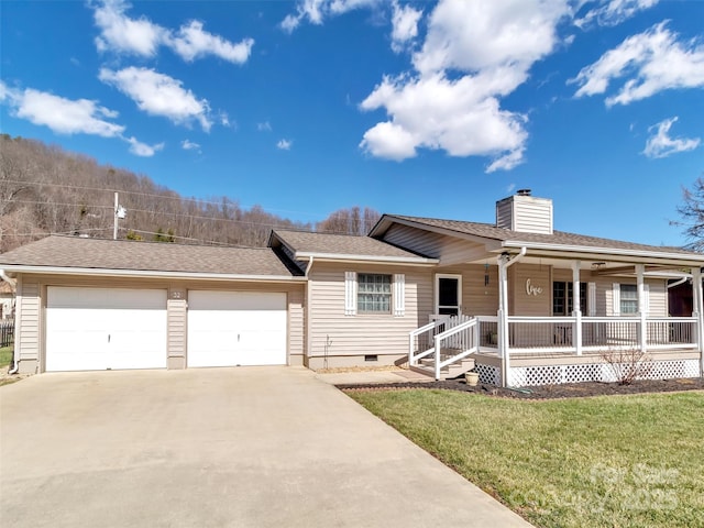 single story home with an attached garage, covered porch, crawl space, a front lawn, and a chimney