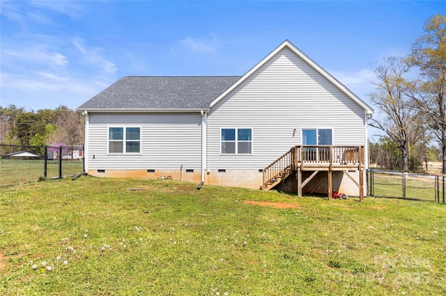2504 Hovis Rd, Lincolnton, NC 28092 - back of house featuring crawl space, a gate, a wooden deck, a shingled roof, and stairs