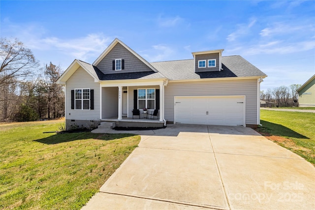 2504 Hovis Rd, Lincolnton, NC 28092 - view of front of house with a porch, an attached garage, a front lawn, concrete driveway, and crawl space
