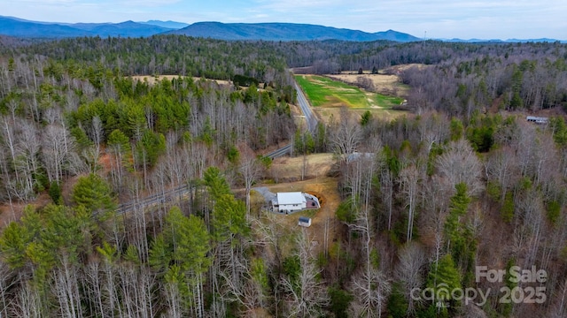 birds eye view of property featuring a forest view and a mountain view