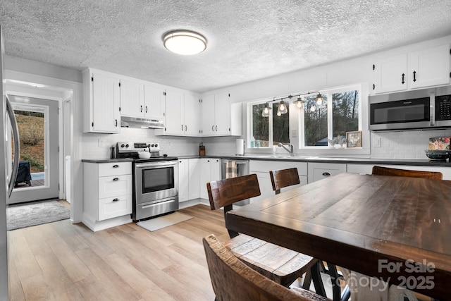 kitchen featuring stainless steel appliances, white cabinetry, light wood-style floors, and under cabinet range hood