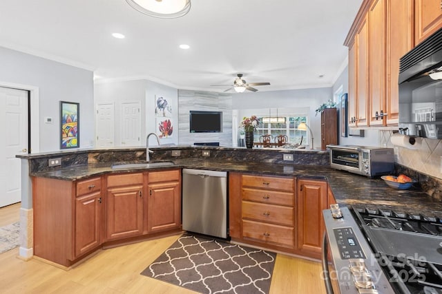 kitchen featuring a toaster, appliances with stainless steel finishes, a ceiling fan, a sink, and dark stone countertops