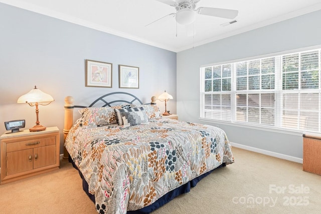 bedroom featuring light carpet, baseboards, visible vents, and crown molding