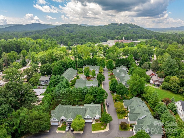 drone / aerial view featuring a residential view and a mountain view