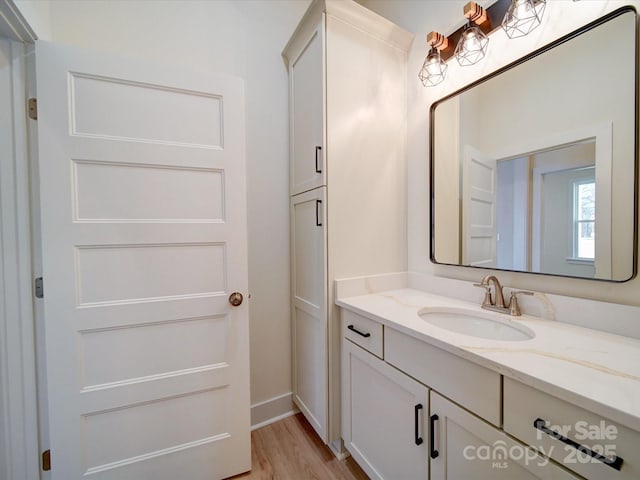 bathroom with wood finished floors and vanity