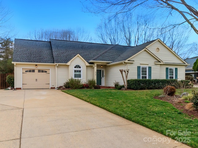 ranch-style house with an attached garage, driveway, a front lawn, and a shingled roof