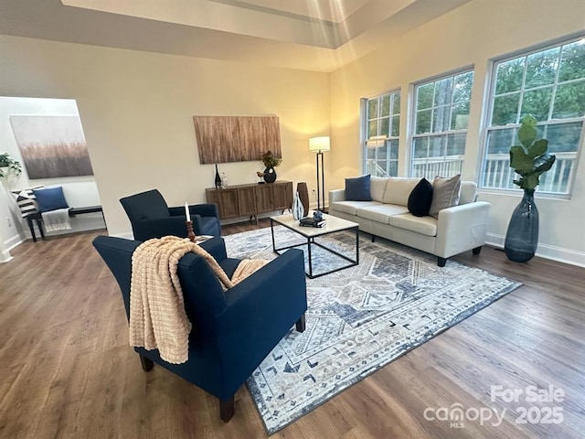 living room with baseboards and wood finished floors